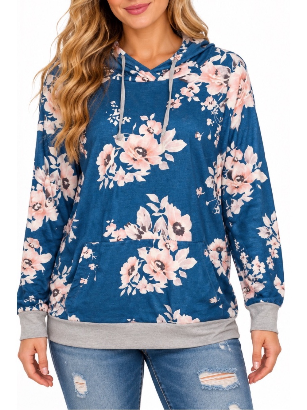 Glitzy Floral Hooded Pullover Top, size Large
